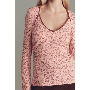 NEW Maeve Anthropologie Womens Size XL Bow Print Lace VNeck Top Pink Long Sleeve
